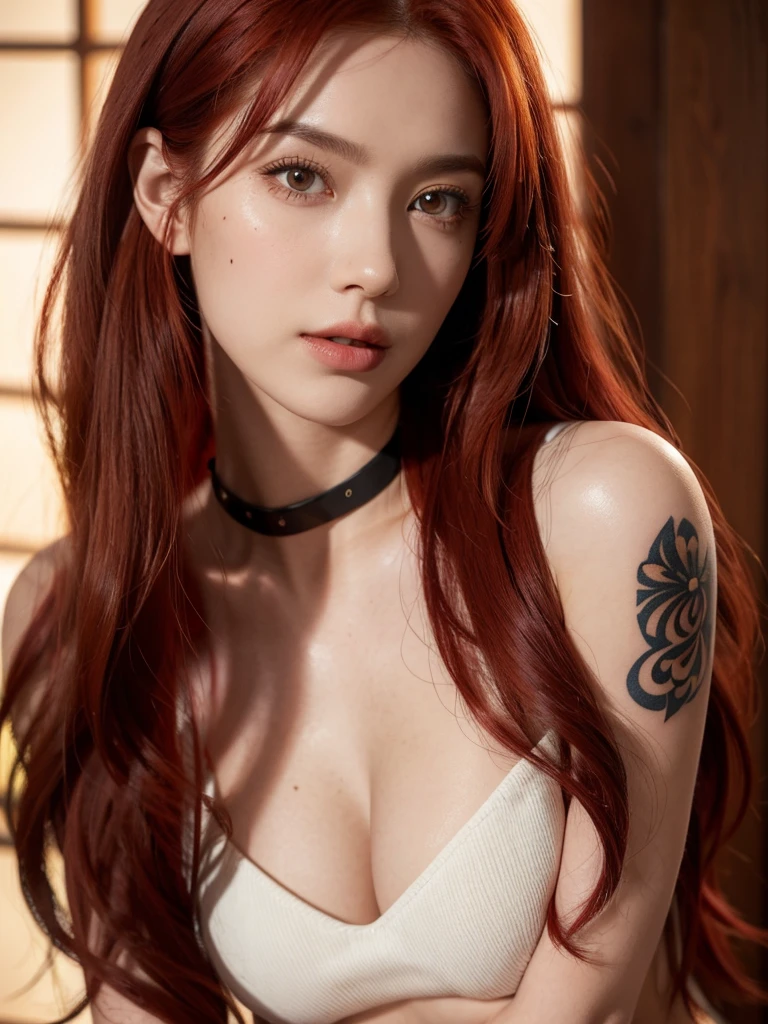 1girl, alone, solitary, high quality, (best quality,4k,8k,highres,masterpiece:1.2),ultra-detailed,(realistic,photorealistic,photo-realistic:1.37),gorgeous hair,red hair,red long curly hair with bangs,sharp eyes,mole under the eye,plump lips,jewelry,(high detailed skin:1.4),(rim lighting:1.3),(lit:1.3),(sunny day:1.3),portrait,beautiful lips,waist-length hair,seductive gaze,moles,casual clothes,colorful clothing,close up,super long hair,choker necklace,tattoos,tattooed,light eyes,bangs,fringe,20 year old,dimples on the cheeks,dimples,bright red hair,sharp eyebrows,redhead,ruby red,cherry red hair,wine red hair