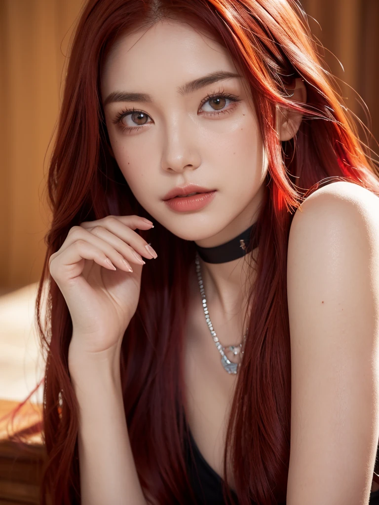 1girl, alone, solitary, high quality, (best quality,4k,8k,highres,masterpiece:1.2),ultra-detailed,(realistic,photorealistic,photo-realistic:1.37),gorgeous hair,red hair,red long curly hair with bangs,sharp eyes,mole under the eye,plump lips,jewelry,(high detailed skin:1.4),(rim lighting:1.3),(lit:1.3),(sunny day:1.3),portrait,beautiful lips,waist-length hair,seductive gaze,moles,casual clothes,colorful clothing,close up,super long hair,choker necklace,tattoos,tattooed,light eyes,bangs,fringe,20 year old,dimples on the cheeks,dimples,bright red hair,sharp eyebrows,redhead,ruby red,cherry red hair,wine red hair