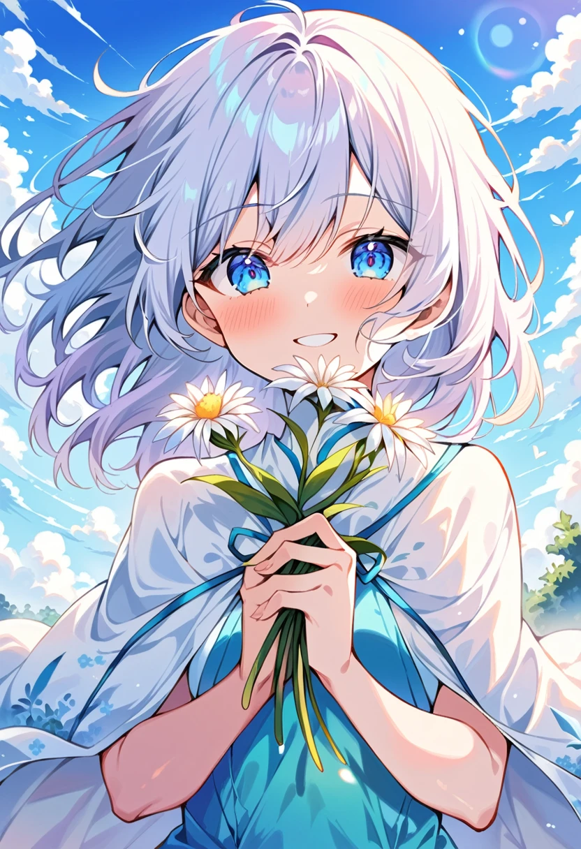 masterpiece, ultra detailed, 1 girl, representation of the day, sky blue eyes, bright white hair like sunlight, holding a beautiful spring flower, smile of peace, goddess of light clothing