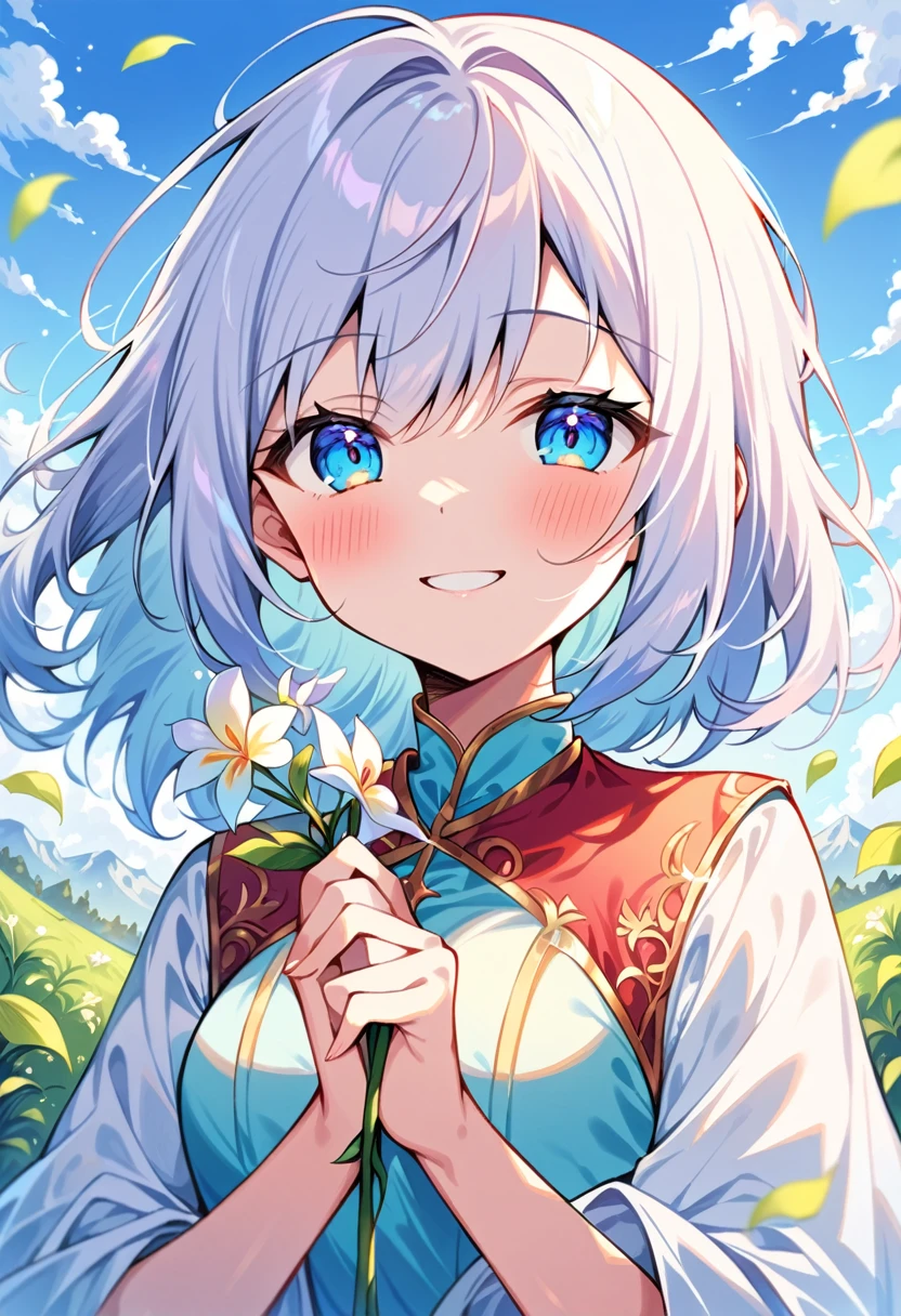 masterpiece, ultra detailed, 1 girl, representation of the day, sky blue eyes, bright white hair like sunlight, holding a beautiful spring flower, smile of peace, goddess of light clothing