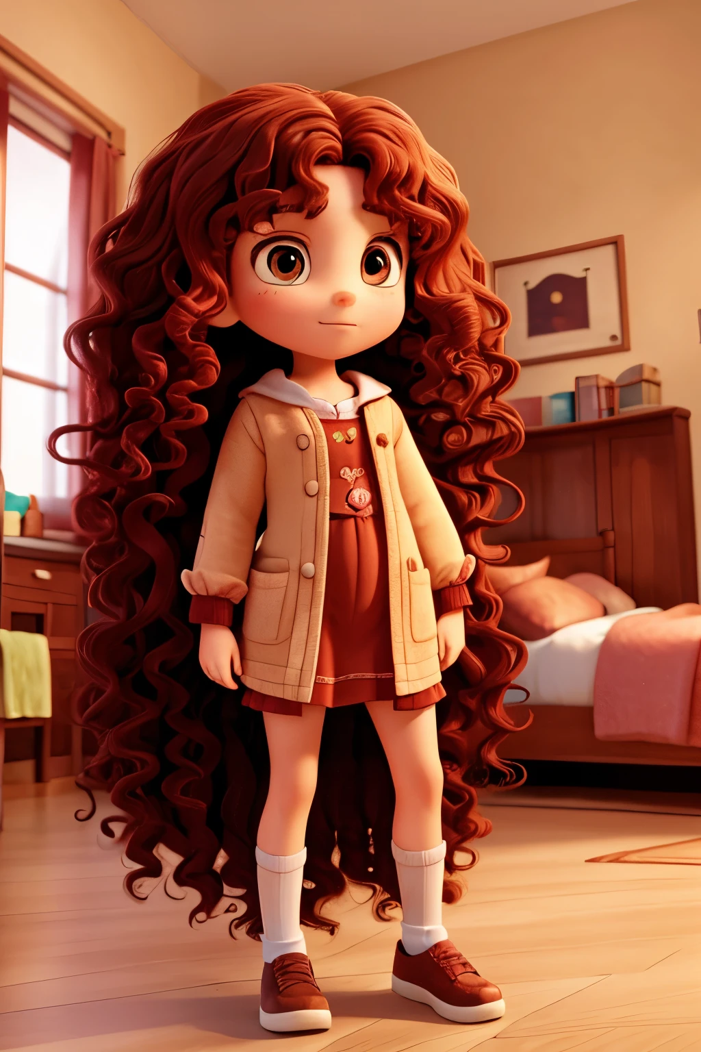 young long hair teenager, curly and reddish, She wakes up scared in her large bed because she is late for school.,
