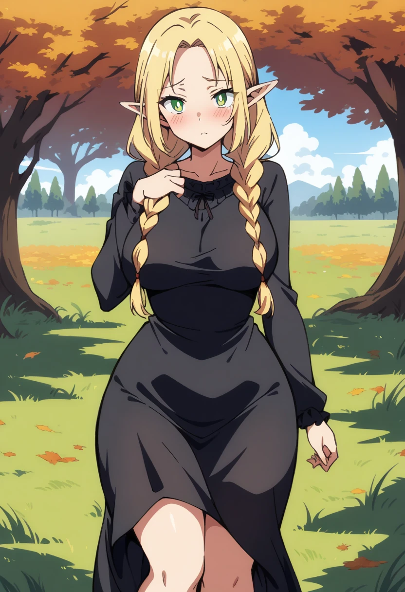 anime art style, masterpiece, best quality, very aesthetic, absurdres, dynamic shadows, atmosferic, marcilledonato, ((1girl)), blonde hair, ((long hair)), braid, twin braids, long braids, parted bangs, green eyes, detailed eyes, bright pupils, pointy ears, curvy body, large breasts, sexy, black nightgown, see-throught, borrowed, embarrased, intense blush, ((feet out of frame)), (from front), (standing), (grass), (afternoon), (autumn), (trees), (clouds), (looking at viewer:1.0)