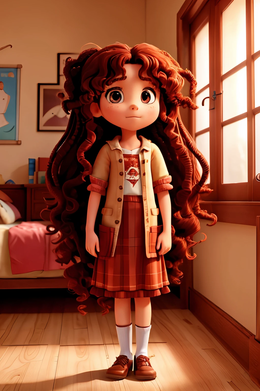 young long hair teenager, curly and reddish, She wakes up scared in her large bed because she is late for school.,
