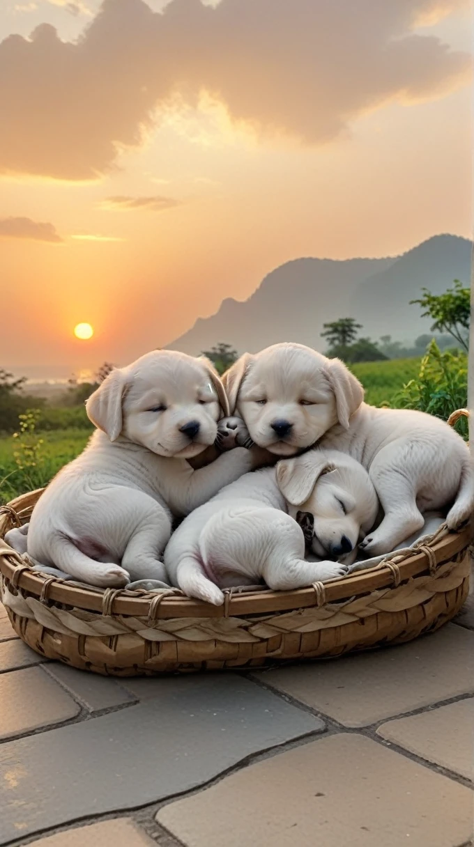 With the sunset in the background,(masterpiece:1.2, high quality), Several puppies sleeping together、