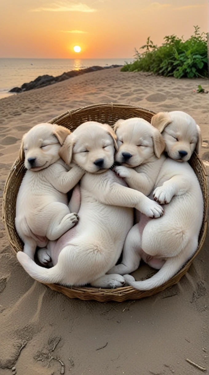 With the sunset in the background,(masterpiece:1.2, high quality), Several puppies sleeping together、