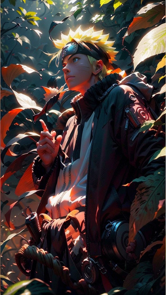 1 image of uzumaki naruto, (best quality), (masterpiece), ultra-detailed, 1boy, epic pose, action, particle effects, long sleeve, emphasis lines, movement lines, full body of naruto uzumaki, masterpiece, best quality, full detailed, 1boy, handsome, male, looking at viewer, naruto, Detailed blue eye,yellow hair, konoha realistic detail leaf headband, eye realistic, realistic eye brow, nose realistic, mouth realistic,skin realistic, face realistic, head realistic, body realistic, background art cinematic, backpack, big eye sharp, photorealistic, photoshoot, only three line in face, naruto uzumaki dress code. electricity , aura, conbat in the forest vs samurai 1.4 , combat in the forest bamboo