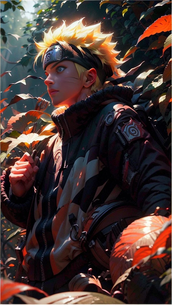 1 image of uzumaki naruto, (best quality), (masterpiece), ultra-detailed, 1boy, epic pose, action, particle effects, long sleeve, emphasis lines, movement lines, full body of naruto uzumaki, masterpiece, best quality, full detailed, 1boy, handsome, male, looking at viewer, naruto, Detailed blue eye,yellow hair, konoha realistic detail leaf headband, eye realistic, realistic eye brow, nose realistic, mouth realistic,skin realistic, face realistic, head realistic, body realistic, background art cinematic, backpack, big eye sharp, photorealistic, photoshoot, only three line in face, naruto uzumaki dress code. electricity , aura, conbat in the forest vs samurai 1.4 , combat in the forest bamboo
