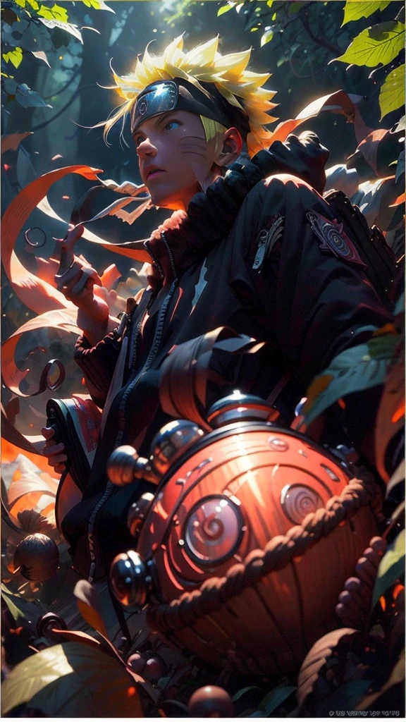 1 image of uzumaki naruto, (best quality), (masterpiece), ultra-detailed, 1boy, epic pose, action, particle effects, long sleeve, emphasis lines, movement lines, full body of naruto uzumaki, masterpiece, best quality, full detailed, 1boy, handsome, male, looking at viewer, naruto, Detailed blue eye,yellow hair, konoha realistic detail leaf headband, eye realistic, realistic eye brow, nose realistic, mouth realistic,skin realistic, face realistic, head realistic, body realistic, background art cinematic, backpack, big eye sharp, photorealistic, photoshoot, only three line in face, naruto uzumaki dress code. electricity , aura, conbat in the forest vs samurai 1.4 , combat in the forest bamboo