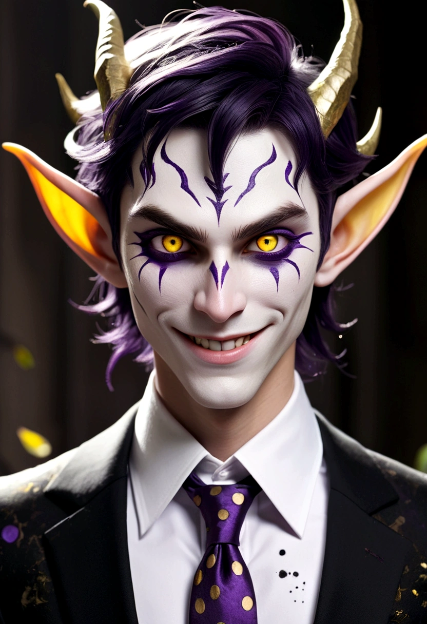 Demonic entity boy, white skin and half black, purple eyes, and the other eye is yellow, brown horns, elf ears and black and white spots on the face, with a torn formal suit and white shirt, smiling at the camera