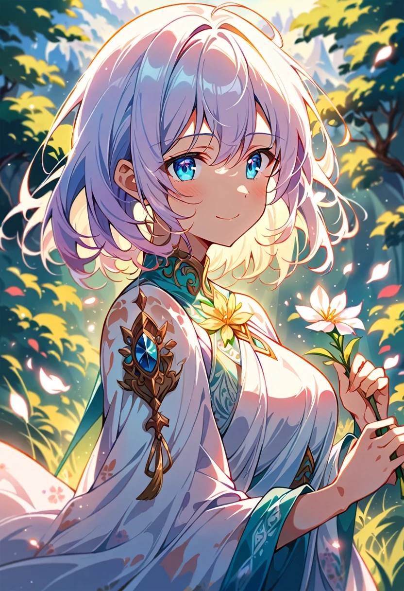 1girl,goddess of light,bright white hair like sunlight,sky blue eyes,holding a spring flower,smile of peace,soft glowing light,peaceful,ethereal,cinematic lighting,dramatic lighting,dramatic pose,serene,beautiful,elegant,stunning,intricate details,masterpiece,(best quality,8k,highres,ultra-detailed,extremely-detailed:1.2),vibrant colors,soft lighting,natural lighting,natural setting,outdoor scene,spring landscape,detailed background