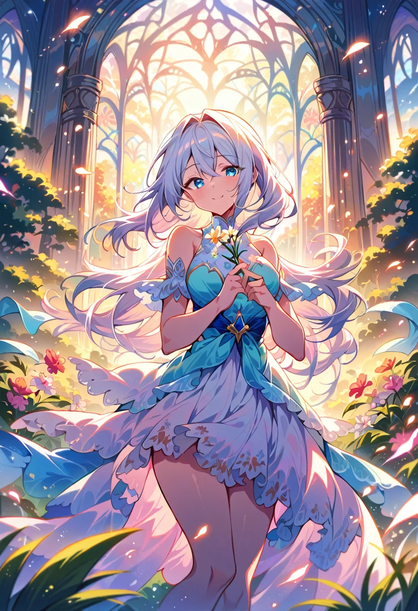 1girl,goddess of light,bright white hair like sunlight,sky blue eyes,holding a spring flower,smile of peace,soft glowing light,peaceful,ethereal,cinematic lighting,dramatic lighting,dramatic pose,serene,beautiful,elegant,stunning,intricate details,masterpiece,(best quality,8k,highres,ultra-detailed,extremely-detailed:1.2),vibrant colors,soft lighting,natural lighting,natural setting,outdoor scene,spring landscape,detailed background