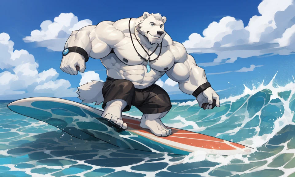 solo, 1boy, Huge Muscular White Polar Bear Dad Dude, huge white fur, pectoral, huge pectoral, wide pectoral, short white hair, blue-colored short trunks, black wristbands and shirtless topless, bearded, white Mustache, white fur, tooth necklace, professional surfer, surf board, background, masterpiece, high detailed, 8k, high resolution, at the ocean, surfing the waves, riding the surfboard, gliding on the surfboard, being totally radical, surf's up dudes