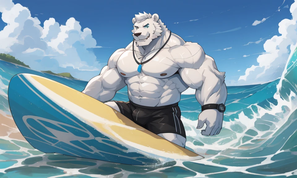 solo, 1boy, Huge Muscular White Polar Bear Dad Dude, huge white fur, pectoral, huge pectoral, wide pectoral, short white hair, blue-colored short trunks, black wristbands and shirtless , bearded, white Mustache, white fur, tooth necklace, professional surfer, surf board, background, masterpiece, high detailed, 8k, high resolution, at the ocean, surfing the waves, riding the surfboard, gliding on the surfboard, being totally radical, surf's up dudes