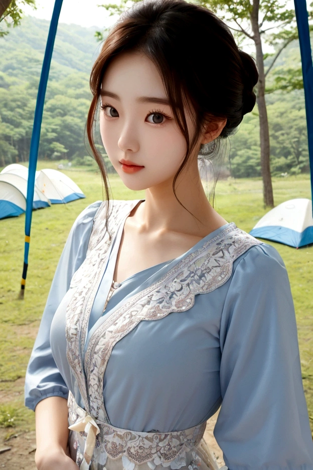 Close-up of a woman wearing a dress standing at a campsite, beautiful korean girl,