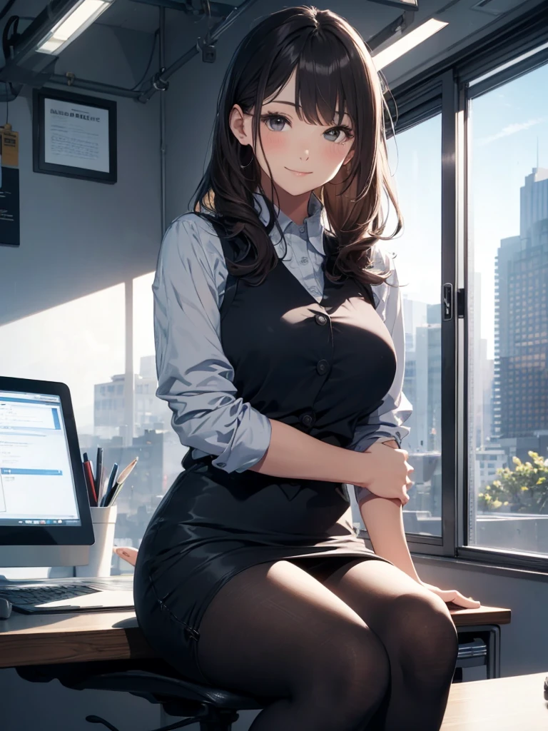 1lady sitting (crossed legs), office worker (stylish outfit), (gray vest) (pencil skirt), mature female, /(dark brown hair/) bangs, blush kind smile, (masterpiece best quality:1.2) delicate illustration ultra-detailed, large breasts, pantyhose BREAK (modern office indoors), window cityscape, detailed background