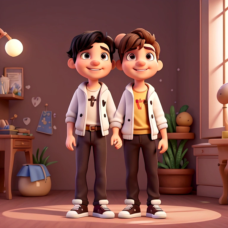 (work of art, best qualityer, 8K, sharp focus, Depth of field, better shadows, perfect lights, hdr, disney pixar skin texture, hyper detailed background) 3d character couple, boy, 22 years old, tall black hair, no beard, black clothes and white sneakers, 19 years old with light brown and blonde hair wearing black clothes with white sneakers, together smiling, hugging, image background a modern house