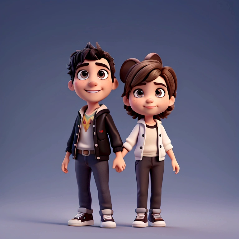 (work of art, best qualityer, 8K, sharp focus, Depth of field, better shadows, perfect lights, hdr, disney pixar skin texture, hyper detailed background) 3d character couple, boy, 22 years old, tall black hair, no beard, black clothes and white sneakers, 19 years old with light brown and blonde hair wearing black clothes with white sneakers, together smiling, hugging, image background a modern house