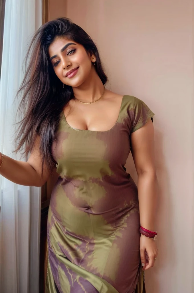 ((Masterpiece)), ((8k)),((ultra-high resolution)), RAW photo, realistic, Pakistani girl, perfect thick figure, seductive smile,perfect face,skinny waist and thick hips,fair skin, Wearing kurta and Salwar, SFW,