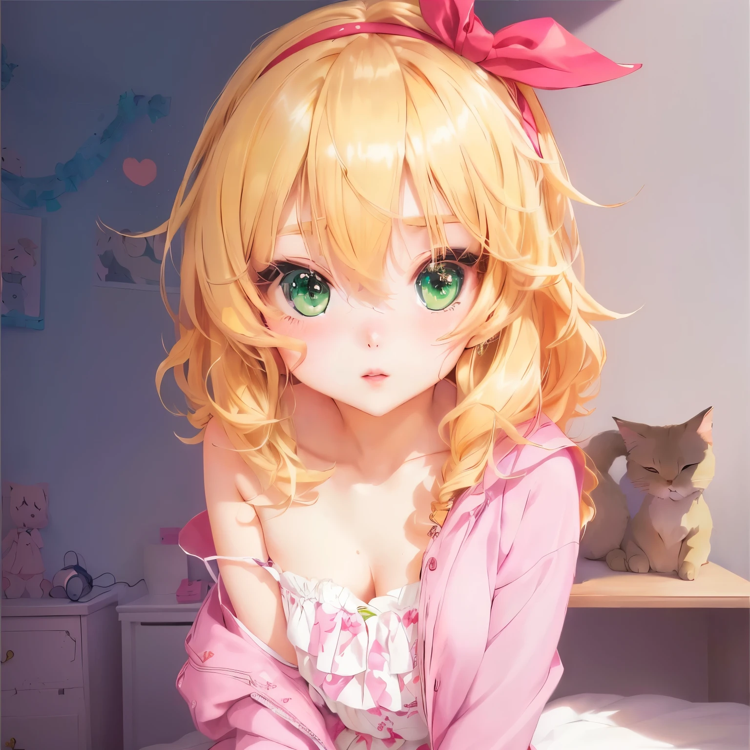 anime girl with blonde hair and green eyes sitting on a bed, cute anime girl, cute anime girl portraits, cute anime catgirl, pretty anime girl, anime moe artstyle, cute anime girl portrait, anime girl, (anime girl), cute anime, anime best girl, portrait of cute anime girl, cute anime face, beautiful anime girl, ((best quality)), ((masterpiece)), (detailed), 1girl, cum on face, cum dripping from mouth