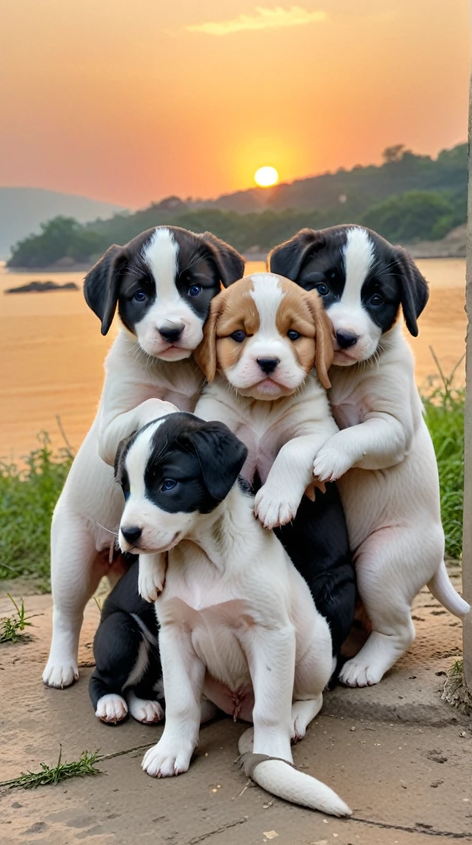 With the sunset in the background,(masterpiece:1.2, high quality), Several puppies huddled together、