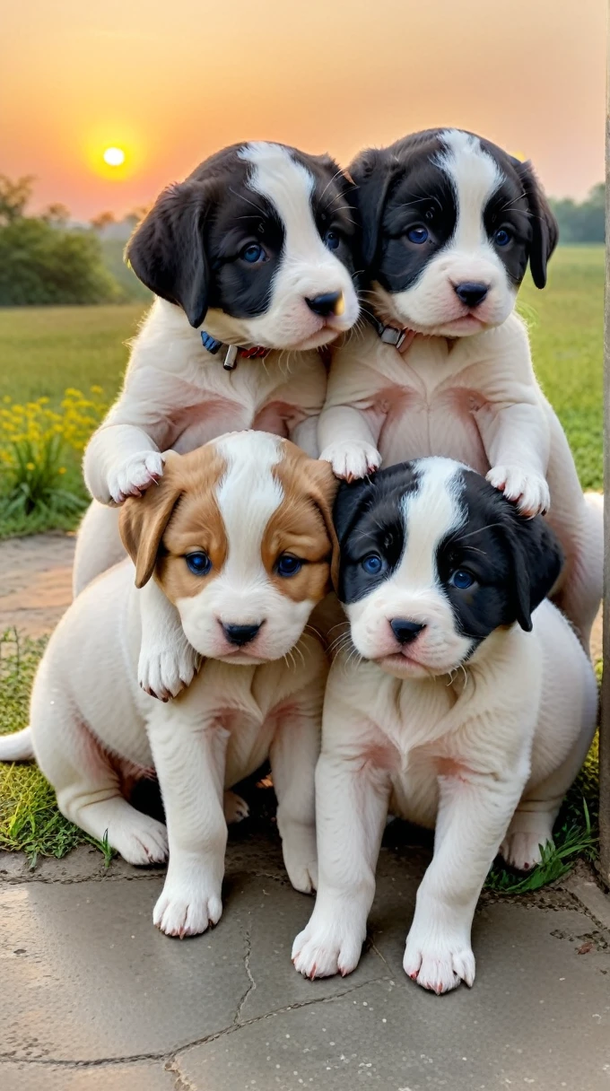 With the sunset in the background,(masterpiece:1.2, high quality), Several puppies huddled together、