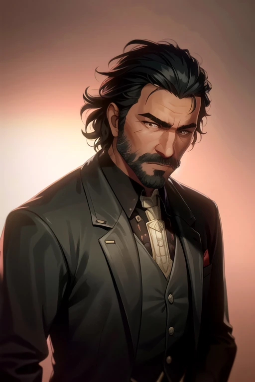 arcane style, (1boy), Dutch Van Der Linde (Red Dead Redemption 2), male focus, facial hair, solo, red background, black hair, shirt, beard, formal, jacket, suit, necktie, white shirt, black jacket, scar, looking at viewer, mustache, long sleeves, collared shirt, manly, tattoo, closed mouth
