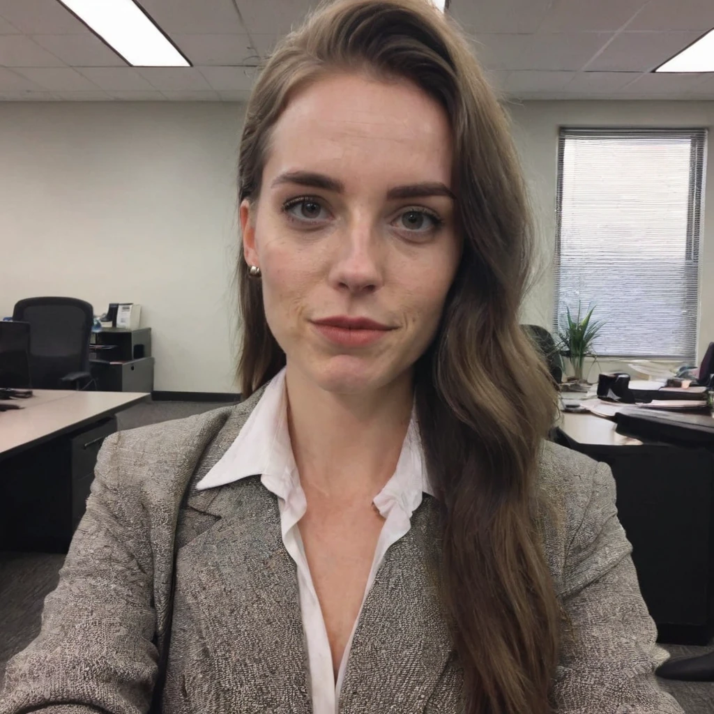 phone photo of a woman in the office, uploaded on snapchat