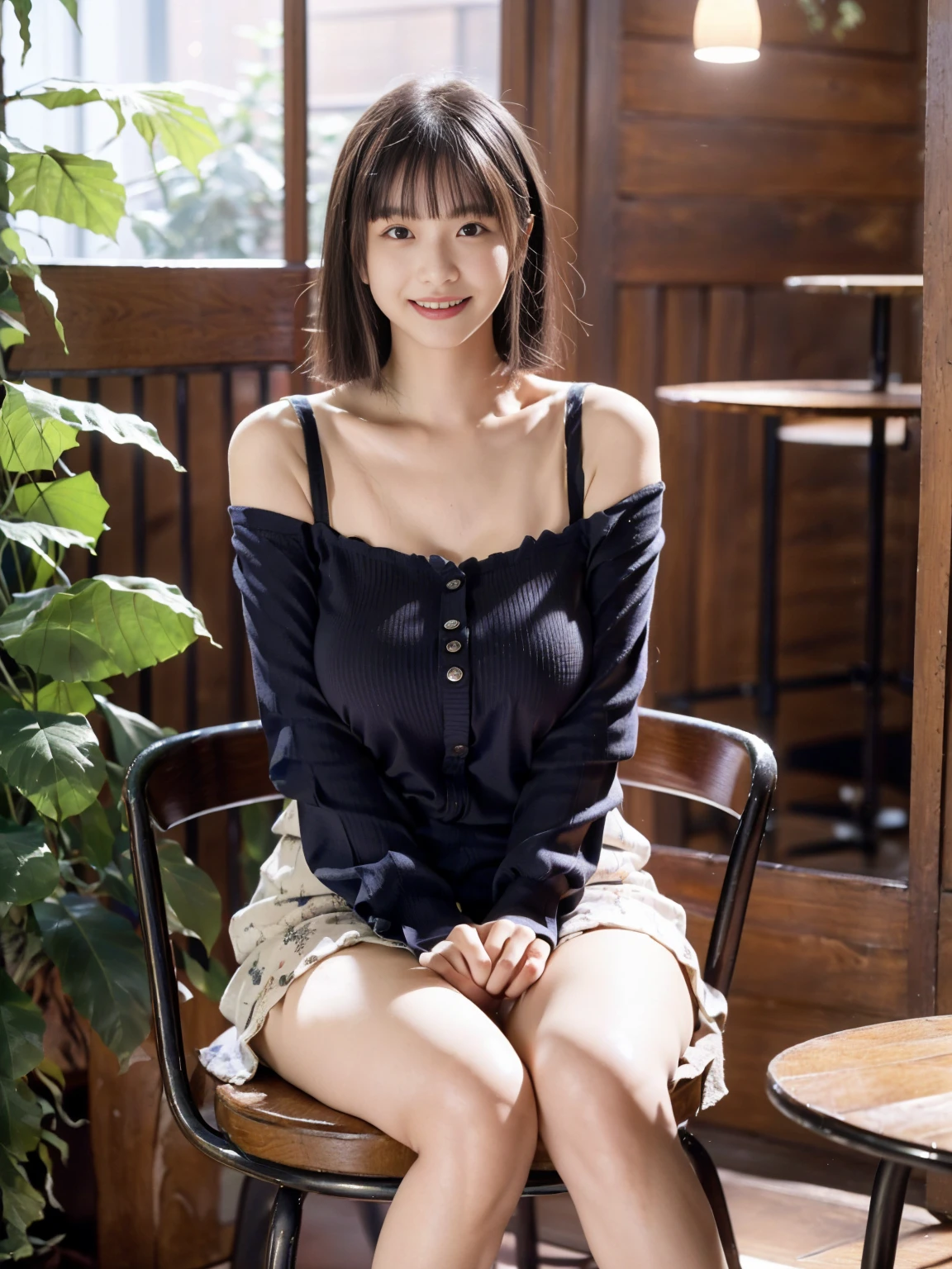 (masterpiece, realistic, photo-realistic:1.2), finely detail, ultra high res, perfect anatomy, best quality, 8K, soft focus, (happy smile:1.2), (1girl, Japanese short girl, nsfw, elaborately detailed cute clothes, off shoulder:1.2), upper body shot, focus on breasts, (black straight hair, short hair, blunt bangs:1.2), beautiful detailed face and big eyes, (glowing fair skin:1.2), (pointed huge breasts, gigantic breasts:1.2), (bloom, awesome detailed cafe, The interior of the cafe with soft light shining in, There are many antique tables and chairs, Clock, houseplants, stairs, hanging L lights, cafe supplies, reflect:1.2), sitting on chair,