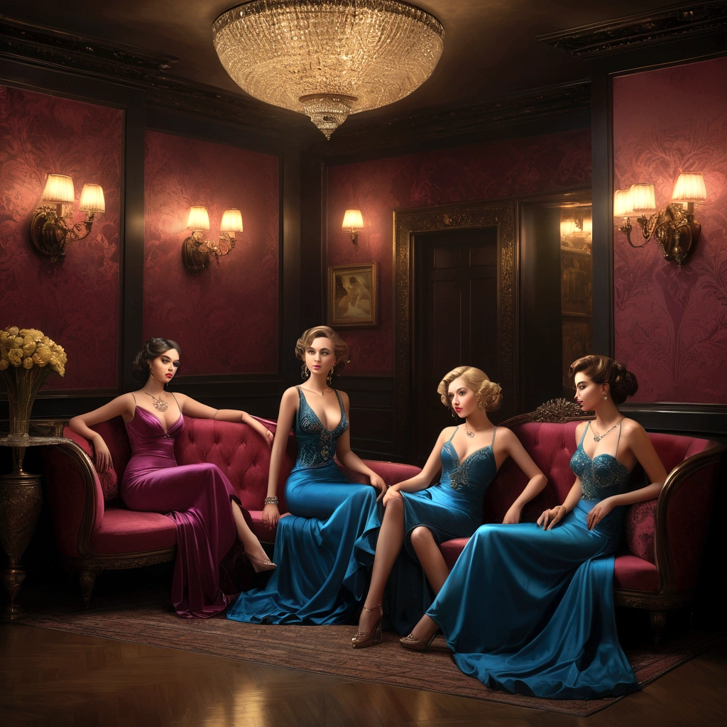 color photo of a woman wearing a [draped] dress by Madame Gres action shot, motion blur, dynamic action, hitting girlfriend with pillow, fun, having a pillow fight with her girlfriends in a posh hotel suite<lora:gres_1950s_v1:1> <lora:add_detail:1> big breasts, fit body, smile, detailed, 8k resolution,