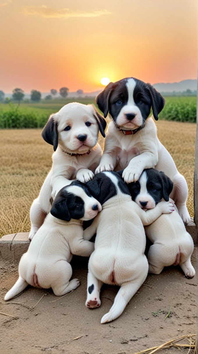 With the sunset in the background,(masterpiece:1.2, high quality), Several puppies huddled together、
