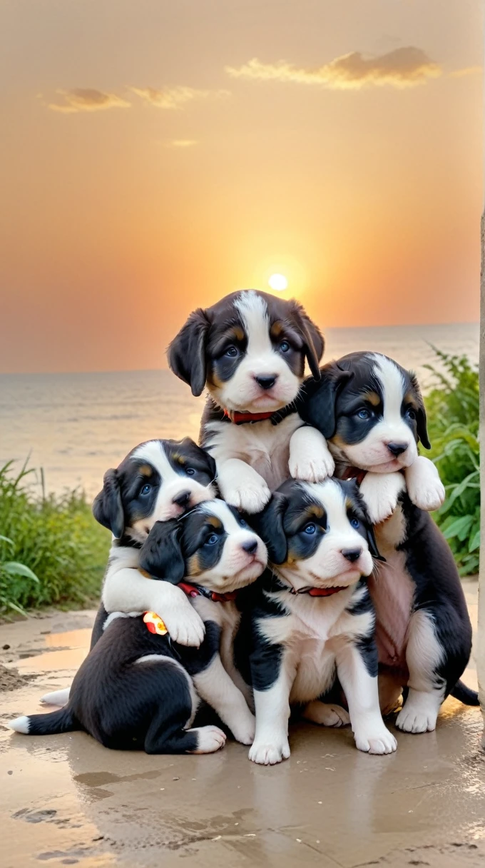 With the sunset in the background,(masterpiece:1.2, high quality), Several puppies huddled together、