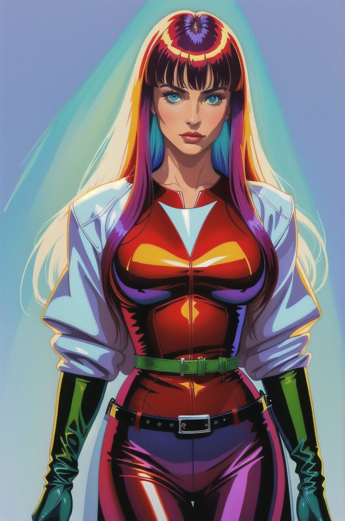 Best Quality, acrylic illustration art, vivid colors,Beautiful Woman,Suspicious expression face, straight LONG hair, bangs,Looking at Viewer, shiny glossy sage leather clothes,glossy sage gloves, adjusting a belt,natural lights,white neutral empty background