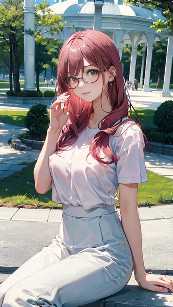 (masterpiece:1.2, Top quality),, Nice illustration, (Natural side Light, Light),
Looking at the audience, 1 girl,Protruding nipples, wear glasses,Pink hair,White shirt clothes,Hip skirt pants,Large Breasts,Sitting in the park pavilion