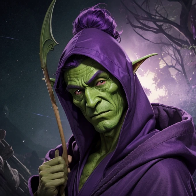 A human monster, tall, green skin, long nose, bat wing, purple long robe, Japanese goblin face, purple head wear, robe covers the mouth,