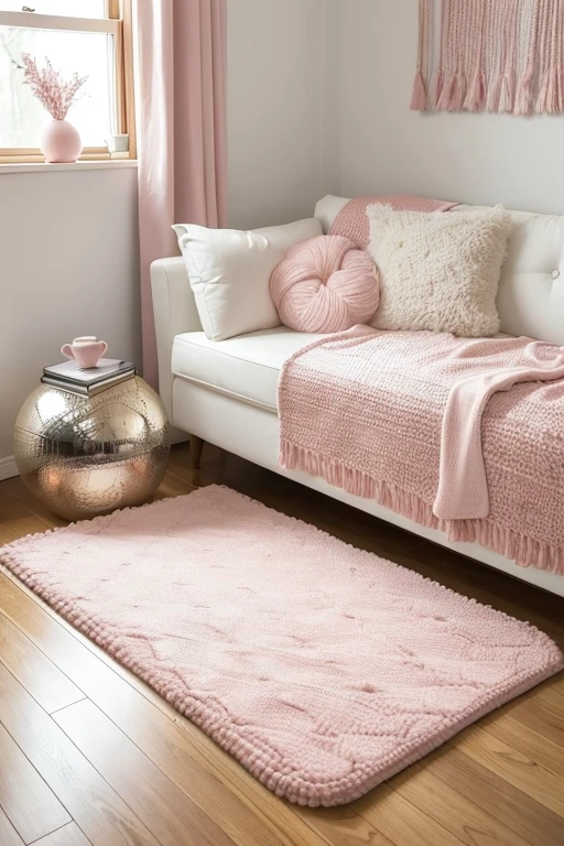 Could create a backdrop of a light pink shag rug.
Place balls of wool on top of the rug., crochet needles and a piece of satin ribbon.
In the background create a sweet scene, peaceful and inspiring comfort