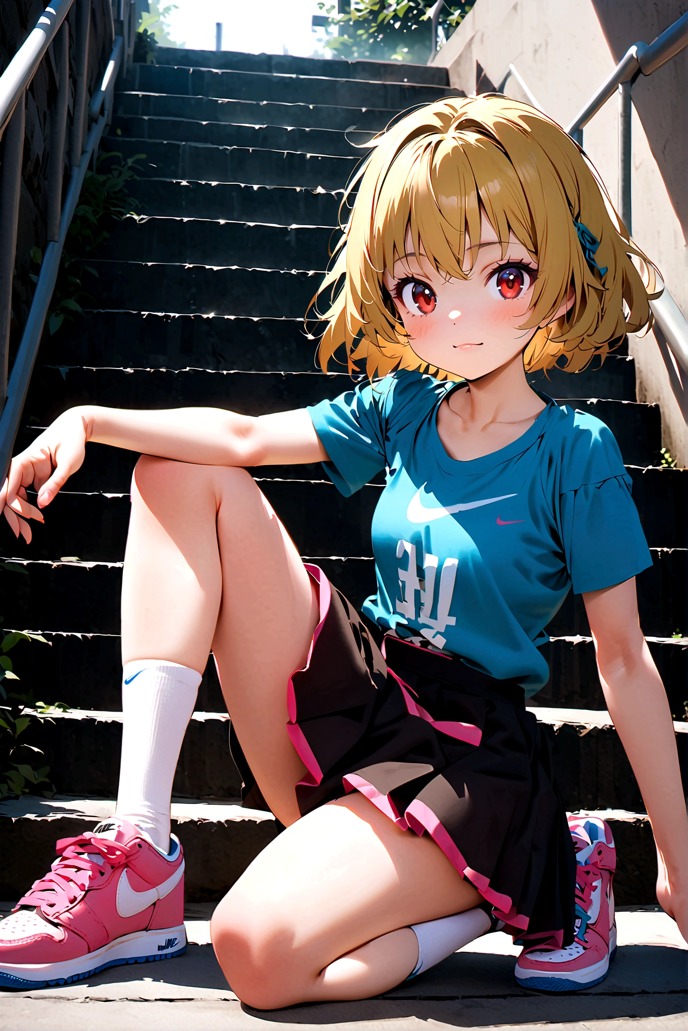 (Houjou_Satoko), One Girl, alone, (blonde), Red eyes, short hair, Small breasts, I&#39;m , 1girl, 独奏, looking at viewer, skirt, shirt, full body, shoes, cosplay, blue shirt, sneakers, stairs, pink footwear, one knee, nike