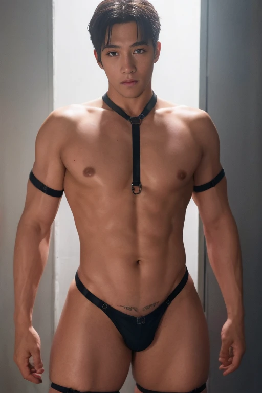 (masutepiece,High resolution,ultra - detailed:1.0),1(man,Robot man),Perfect male body,Look at the camera,Delicate eyes and delicate face,extremely details CG,Unity 8k wallpaper,intricate-detail,solo person,Detailed face, (chest harness, garter straps, Harness strap, neck strap , micro string thongs), Best Quality, hands visible,  Gloves, short hair:1.5 , full length shot(fls) , big thighs , insane details, hyper details   ,16k resolution , ultra-high clarity , hyperrealism, uhd,(K-pop idol shooting porn magazine cover photo),   thick thighs, male , ((unrealistic wide hips , unrealistic wide pelvis )), ((only man ,  only male))   , ((ultra realism , ultra photorealism)) , (sexy , eroticism , nsfw) , mature man , pectoral , ((superstar)) , kinky , snake eyes , This photorealistic portrait combines the style of National Geographic., Capture every detail of his textured skin in 8k resolution. Leica digital SLR camera. His features were clearly visible., From the deep-set eyes to the chiselled jawline., Make this image a true masterpiece..Lift. (8K UHD、RAW Photography、Photorealistic Portrait Leica Digital SLR、Lifelike images)
