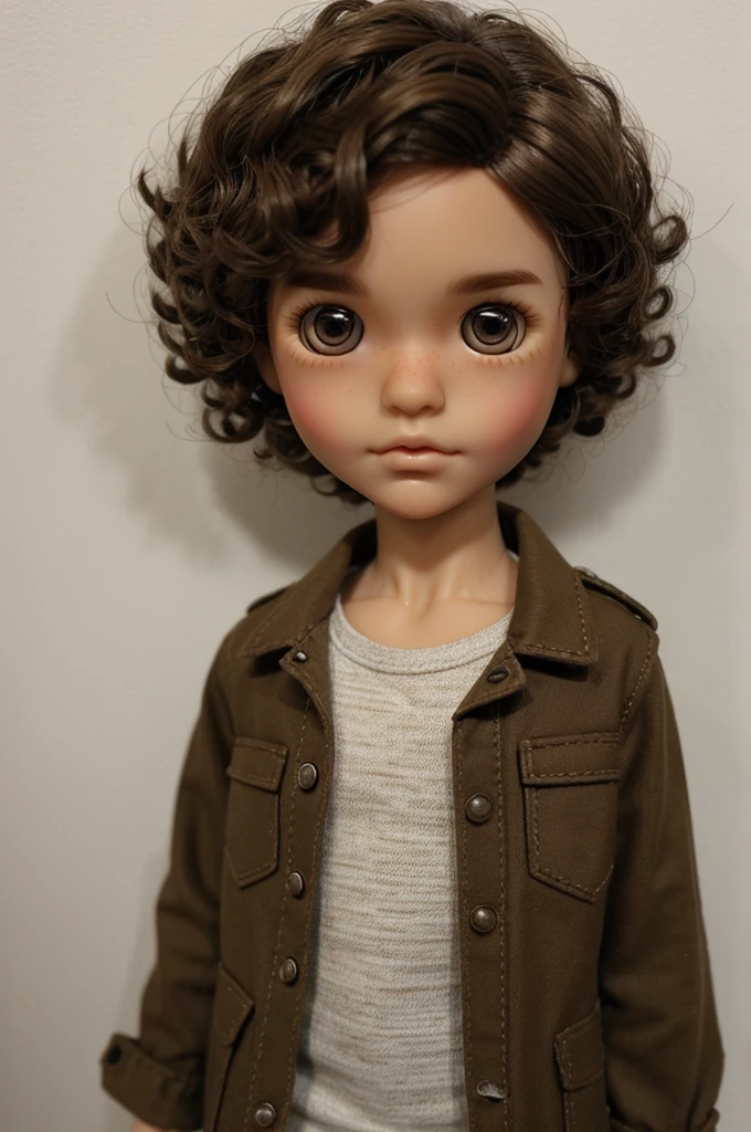 Make a boy blythe doll with light brown skin, really baggy eyes, brown eyes, curly short hair una tomboy cut and dark hair darker hair