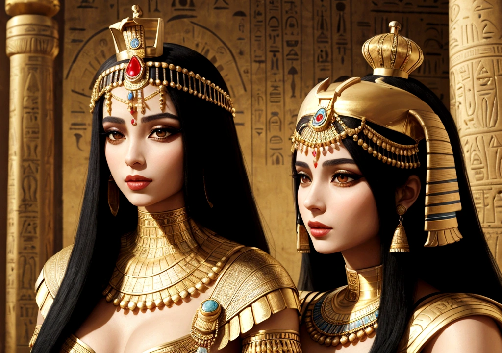 1 Egyptian queen Cleopatra, with classic crown, and luxurious Egyptian clothing, with jewelry. white skin color, de corpo inteiro, Egyptian makeup