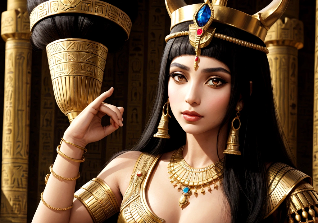  1 Egyptian queen Cleopatra, with classic crown, and luxurious Egyptian clothing, with jewelry. white skin color, de corpo inteiro, Egyptian makeup

