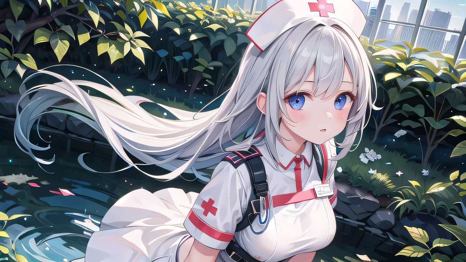 One girl, Realistic, photoRealistic, Highest quality, nurse, white nurse uniform, From above