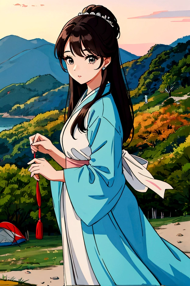 Close-up of a woman wearing a dress standing at a campsite, beautiful korean girl,