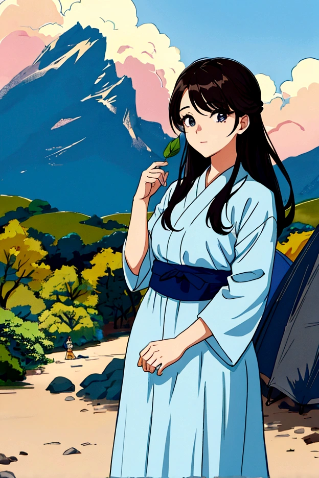 Close-up of a woman wearing a dress standing at a campsite, beautiful korean girl, 