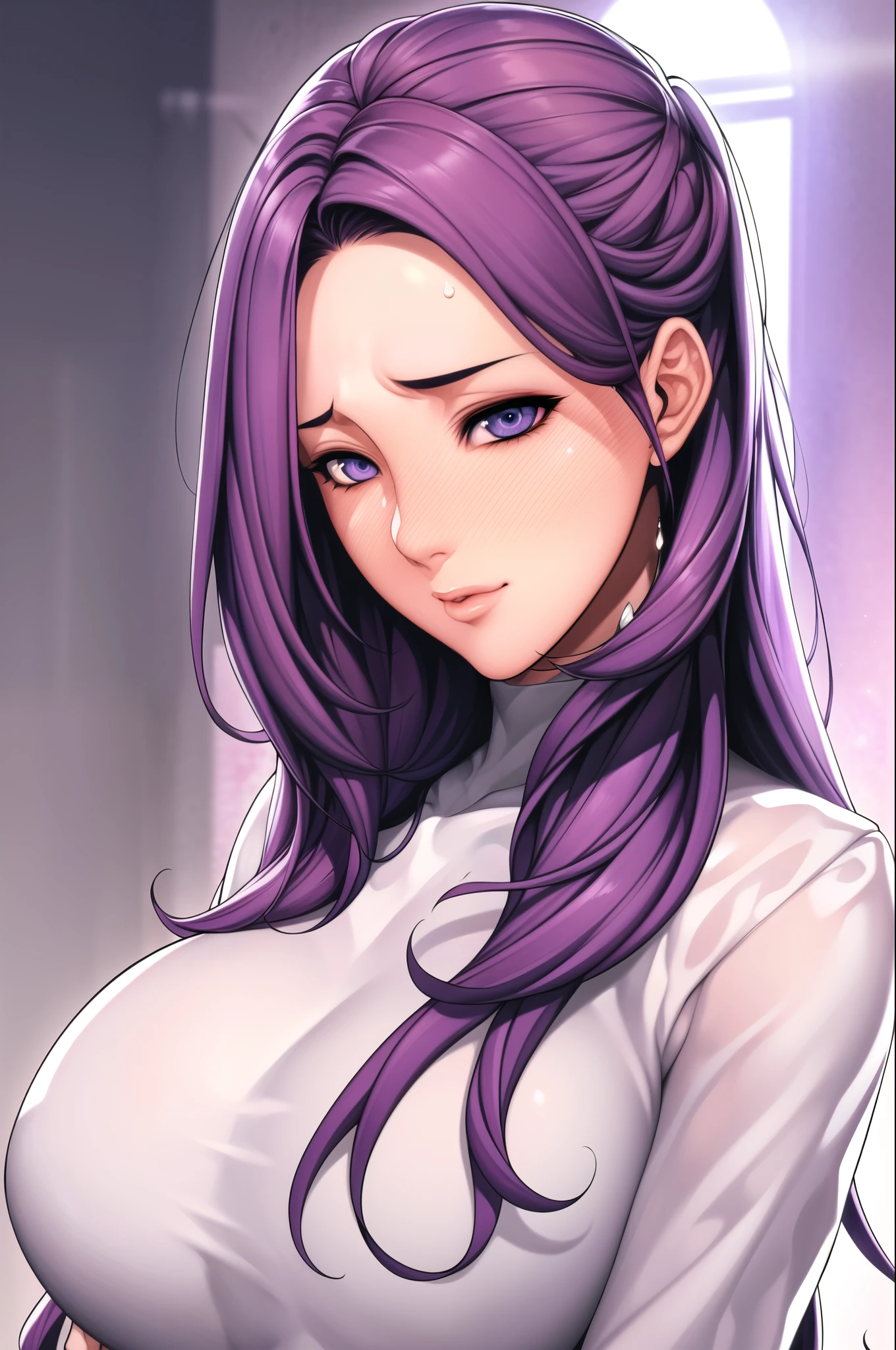 Simple White Background,
dynamic pose,standing at attention,
Naked,long sleeves, wide sleeves,
purple_hair, long_hair, hair_pulled_back,parted_lips,purple_eyes, Single_braid,
1 girl, 20yo,Young female,Beautiful long legs,Beautiful body,
Beautiful Nose,Beautiful character design, perfect eyes, perfect face,expressive eyes,perfect balance,
looking at viewer,(Focus on her face),closed mouth, (innocent_big_eyes:1.0),(Light_Smile:0.3),
official art,extremely detailed CG unity 8k wallpaper, perfect lighting,Colorful, Bright_Front_face_Lighting,White skin,
(masterpiece:1.0),(best_quality:1.0), ultra high res,4K,ultra-detailed,
photography, 8K, HDR, highres, absurdres:1.2, Kodak portra 400, film grain, blurry background, bokeh:1.2, lens flare, (vibrant_color:1.2),professional photograph,
(Beautiful,large_Breasts:1.4), (beautiful_face:1.5),(narrow_waist),