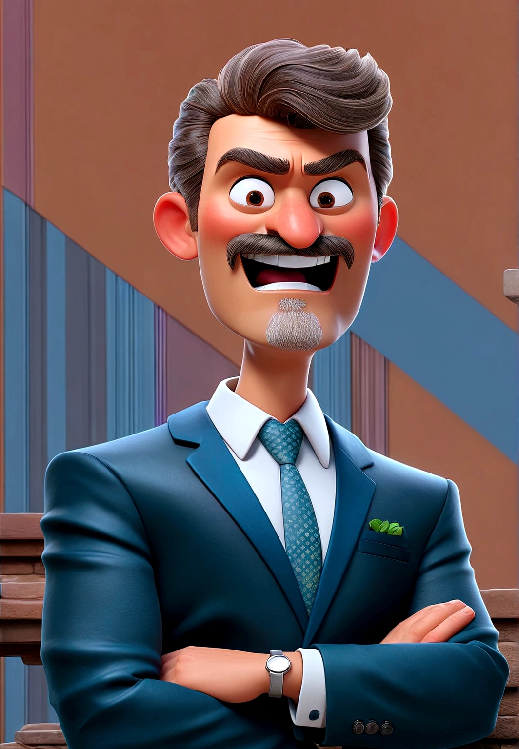 Cartoon character of a man in a suit, goatee and mustache, an animated character, stylized character, animation style rendering, 3d stylized, Arnold Maya rendering, Stylized 3D rendering, toon render screenshot, 3d character, 3d character, Stylized 3D rendering, 3D character rendering, cartoon character, Personagem de close up, character posing, (Pixar-style) (master part:1.2) (bokeh) (best qualityer) (skin detailed) (detailed texture) (8K) (Argilla) (cinematic lighting) (sharp focus, cartoon nature background.