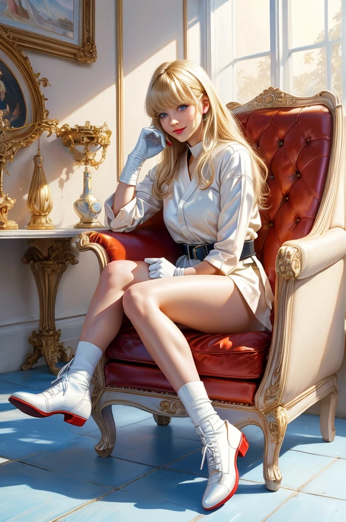 Best Quality, realistic acrylic paint art, vivid colors,Beautiful Woman,Suspicious expression face, shy smile, blue eyes, blonde hair, bangs, Looking at Viewer, WHITE clothes, glossy BEIGE Opera Gloves, adjusting black belt, red shoes, Sitting in a fancy leather chair, natural lights, white neutral empty background