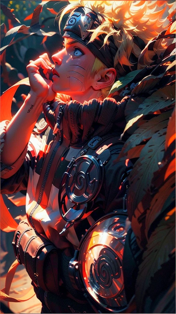 (best quality), (masterpiece), ultra-detailed, 1boy, uzumaki naruto, epic pose, action, particle effects, long sleeve, emphasis lines, movement lines, full body of naruto uzumaki, masterpiece, best quality, full detailed, 1boy, handsome, male, looking at viewer, naruto, Detailed blue eye,yellow hair, konoha realistic detail leaf headband, eye realistic, realistic eye brow, nose realistic, mouth realistic,skin realistic, face realistic, head realistic, body realistic, background art cinematic, backpack, big eye sharp, photorealistic, photoshoot, only three line in face, naruto uzumaki dress code. electricity , aura, conbat in the forest vs samurai 1.4 , combat in the forest bamboo