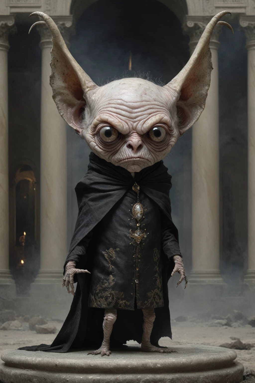 Full body length shot, famous artwork by (tom bagshaw:1.1),high detailed expressive eyes, fantasy style, the grumpy lubwad is a tiny creature that prospers in intense heat, building its resiliforged lairs in the flanks of active volcanoes on planet ramsnuggle vi, here we get a good look at its dark ears and intricate eyes as it lays in ambush to prey on the grubby sneezlenook from the shadows of its yarbled hideout
RAW photo, realistic texture, extremely detailed, absurdres sharp focus,  volumetric lighting, subsurface scattering
realistic skin, (natural marble skin:1), (skin details,marble skin texture:1.1), (skin pores:1), (skin imperfections:0.3), 
Mestichino,Light particles,marble leather ,ink photography ,RAW, NIKON Z9,ink photorealism,Mestichino,Light particles,marble leather ,ink photography , school of magic