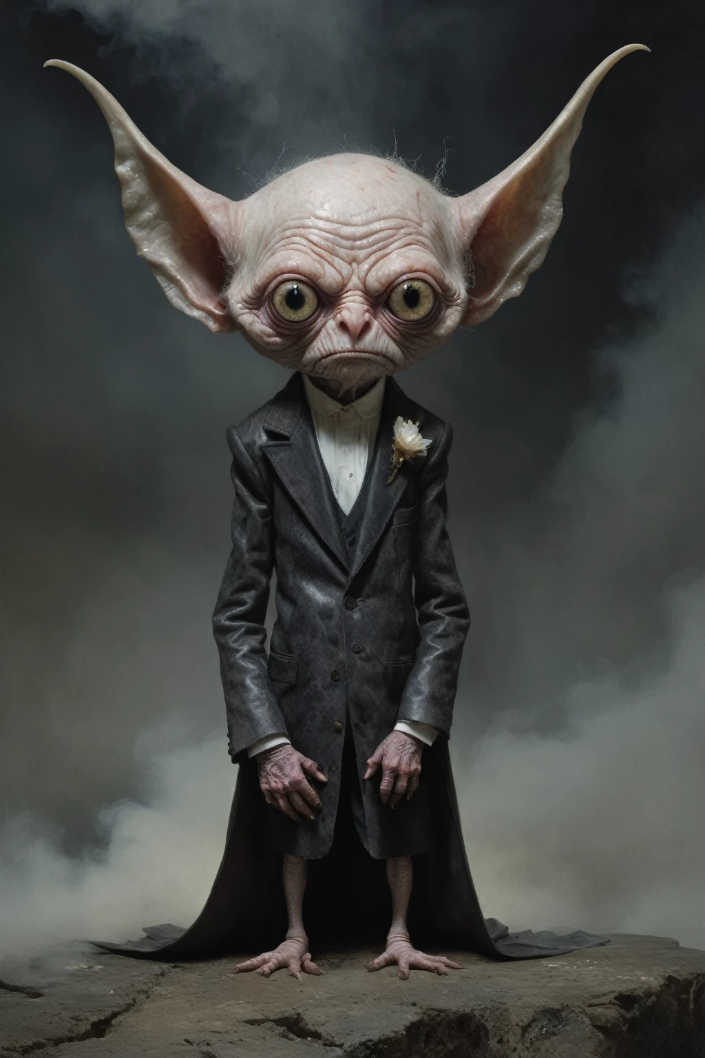 Full body length shot, famous artwork by (tom bagshaw:1.1),high detailed expressive eyes, fantasy style, the grumpy lubwad is a tiny creature that prospers in intense heat, building its resiliforged lairs in the flanks of active volcanoes on planet ramsnuggle vi, here we get a good look at its dark ears and intricate eyes as it lays in ambush to prey on the grubby sneezlenook from the shadows of its yarbled hideout
RAW photo, realistic texture, extremely detailed, absurdres sharp focus,  volumetric lighting, subsurface scattering
realistic skin, (natural marble skin:1), (skin details,marble skin texture:1.1), (skin pores:1), (skin imperfections:0.3), 
Mestichino,Light particles,marble leather ,ink photography ,RAW, NIKON Z9,ink photorealism,Mestichino,Light particles,marble leather ,ink photography , school of magic