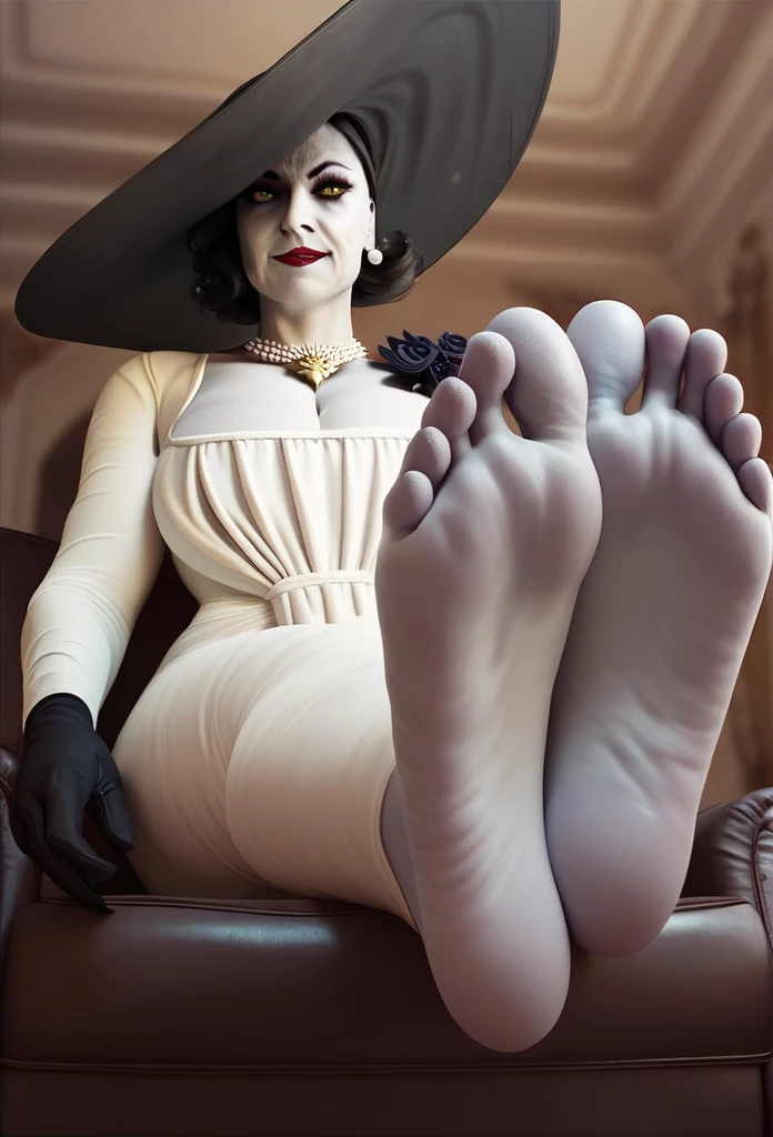 score_9,score_8_up,score_7_up,score_6_up,score_5_up,score_4_up, Alcina Dimitrescu, 2 feet, 5 toes, soles facing viewer, focus on soles, smelly feet, sweaty soles